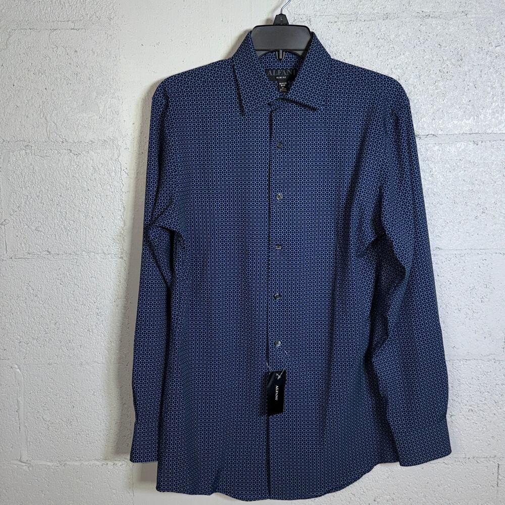 Alfani Men's Slim-Fit 4-Way Stretch Medallion Dress Shirt Navy 14-14.5 32-33 $65